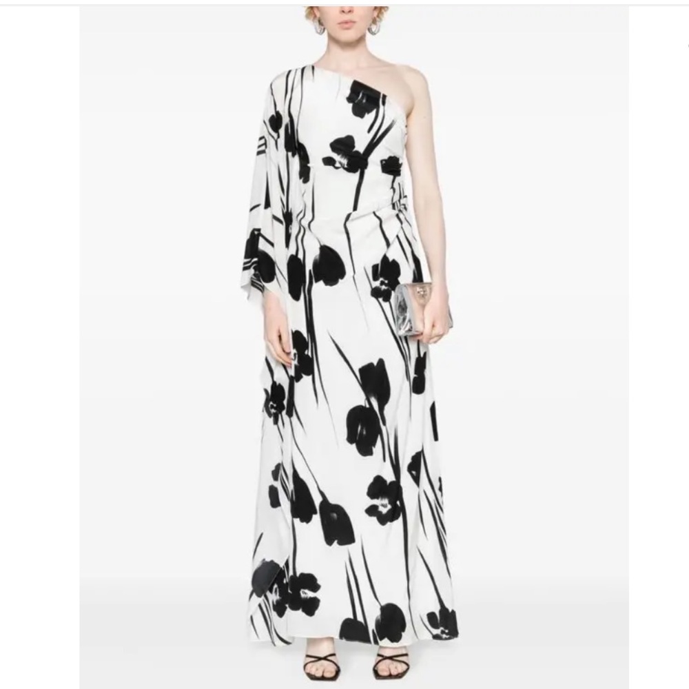 Max Mara Black and White Floral Print Maxi Dress Asymmetrical Neck | 8
